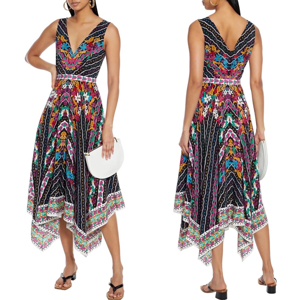 Saloni Zuri Printed Silk Crepe De Chine Midi Dress in Black size 10